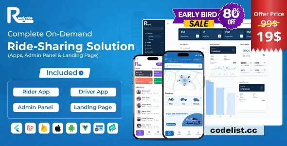 ReadyRide v2.0.0 - Complete Ride Sharing Rider & Driver Mobile Apps with Web Admin Panel