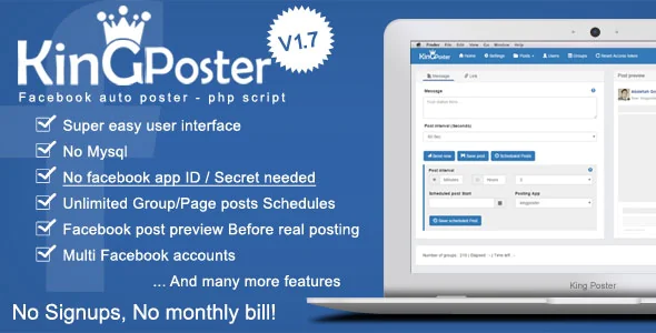 King poster v1.7.9 - Facebook multi Group / Page auto post - PHP script