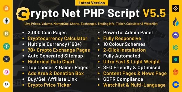 Crypto Net v6.0 - CoinMarketCap, Prices, Chart, Exchanges, Crypto Tracker, Calculator & Ticker PHP Script